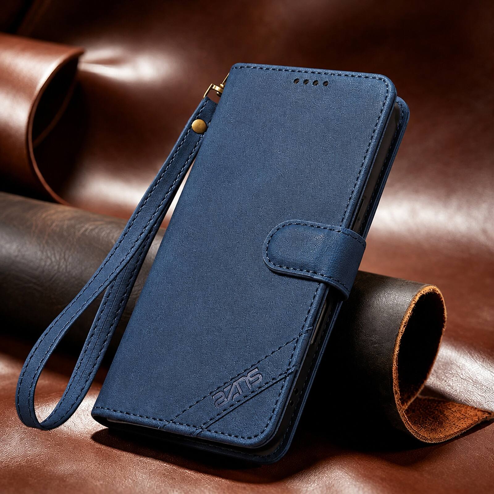 Back. Dteck - Magnetic Wallet Case For Apple iPhone 17 Pro, Shockproof Card Pocket RFID Blocking Stand Strap Flip Folio Cover - Blue.