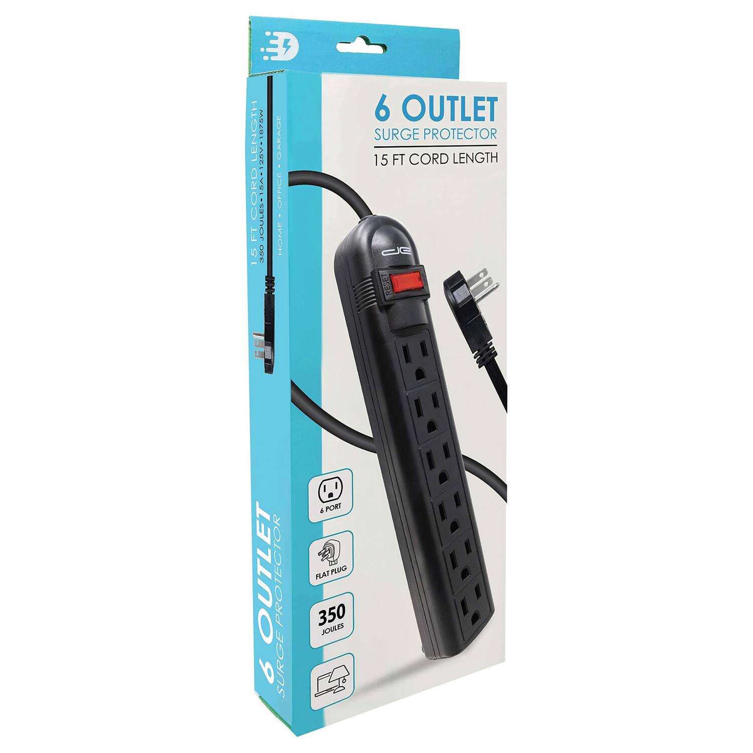 6 Outlet Surge Protector  
15 FT Cord Length  
350 Joules  
6 Ports  
Flat Plug