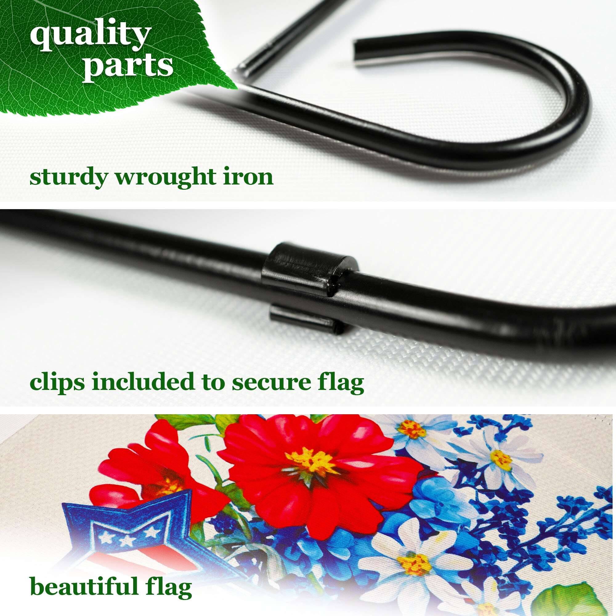 quality parts  
sturdy wrought iron  
clips included to secure flag  
beautiful flag
