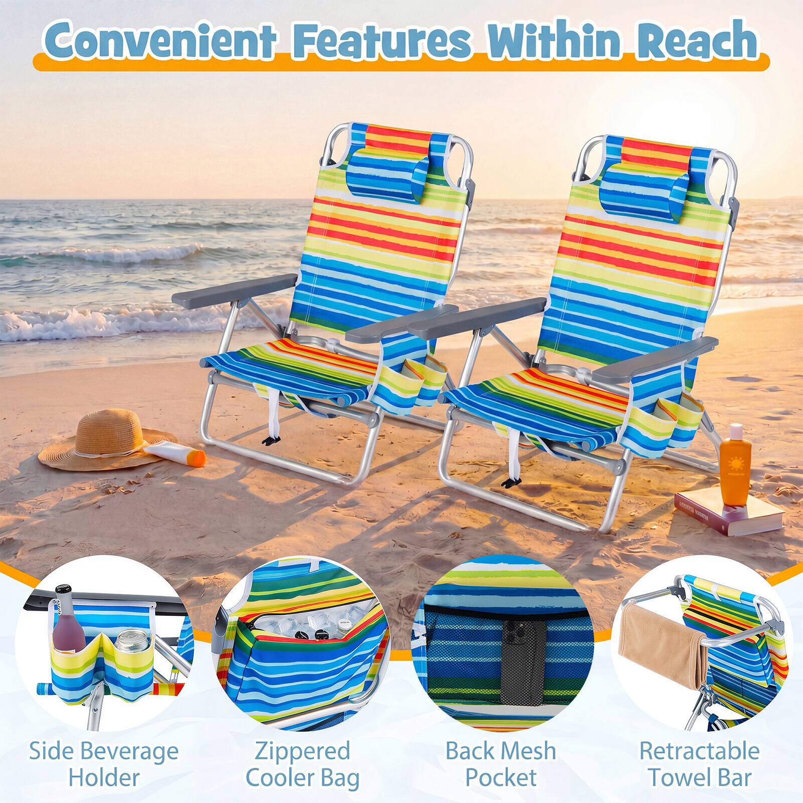 Convenient Features Within Reach

- Side Beverage Holder
- Zippered Cooler Bag
- Back Mesh Pocket
- Retractable Towel Bar