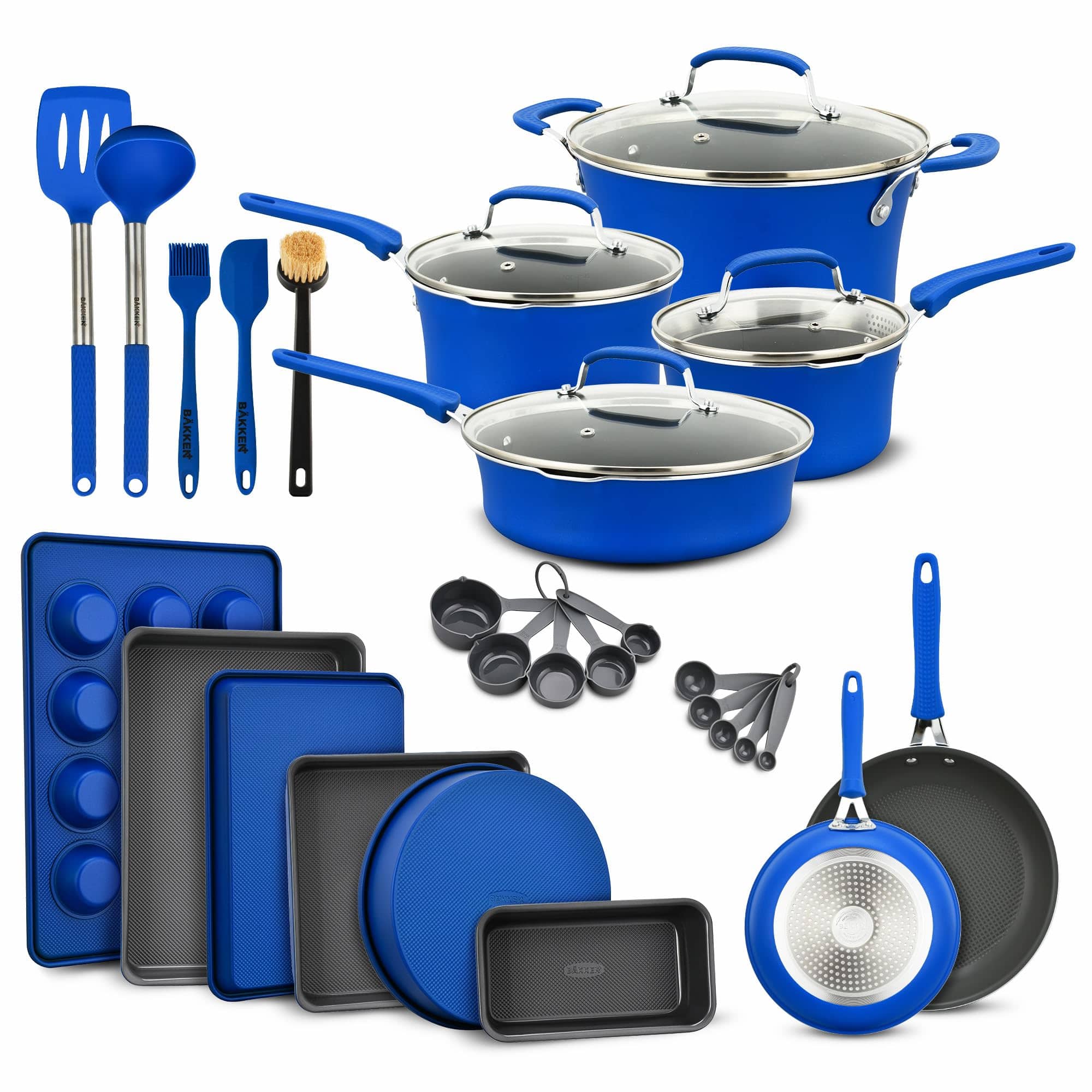 Bakken- Swiss - Pots and Pans Set Non Stick Ceramic, 23-Piece Cookware & Bakeware Sets with Plaid Pattern, Stackable Design, Dishwasher - Blue