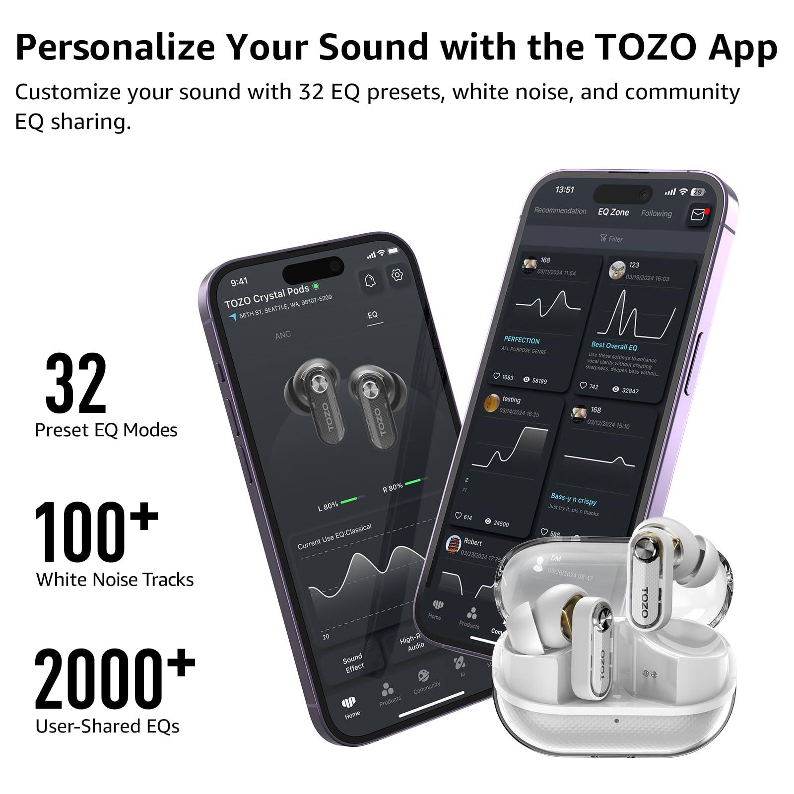 Personalize Your Sound with the TOZO App

Customize your sound with 32 EQ presets, white noise, and community EQ sharing.

- 32 Preset EQ Modes
- 100+ White Noise Tracks
- 2000+ User-Shared EQs

13:51 Vu 20 Recommendation EQ Zone Following

TOZO Crystal MK 98nd7-0309 SETHST SEATTLE ANC TOZO vll EQ TOZO Filter

12 mamaue maa cane/2 143 PERFECTION Beat A FUAPOSE Overally O GENM A Iaue semings - -e oberily snance seroten -e choting Suss . MEl T0 382 S2RA7 lesting ngnae 158

03/12/2024

Home 20 High-# Audio Sound Effect Community Producis Iome EN 34500 Rubent #3%2004 1P55 Podocts Cany Bass-y ' crixpy A i ~ thanks DM 04 TOZO