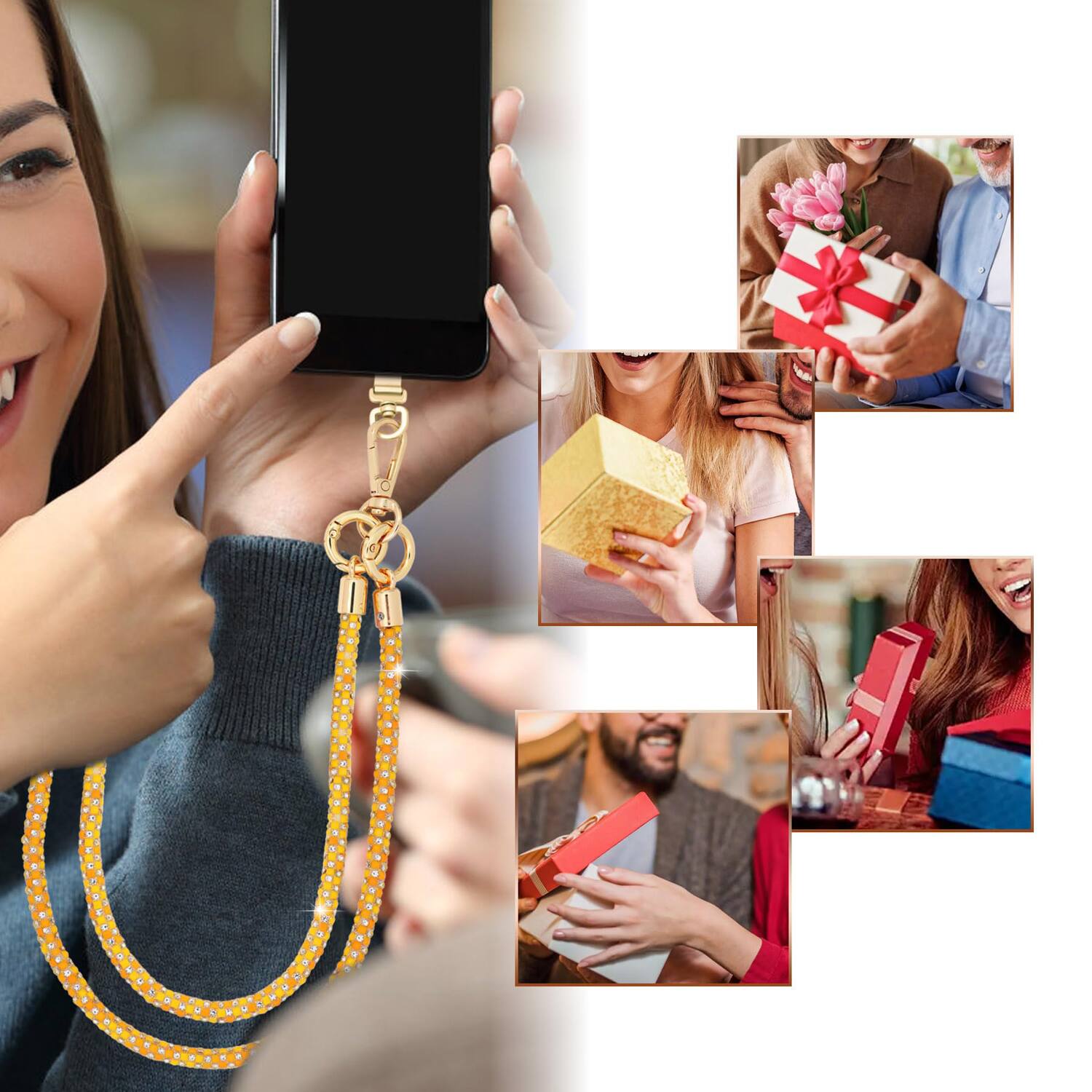 Alt View 2. Dteck - 3-in-1 Glitter Crossbody Phone Lanyard,Sparkly Crystal Phone Strap Fashion Wrisrstrap for Universal Smartphone Cases - Orange.