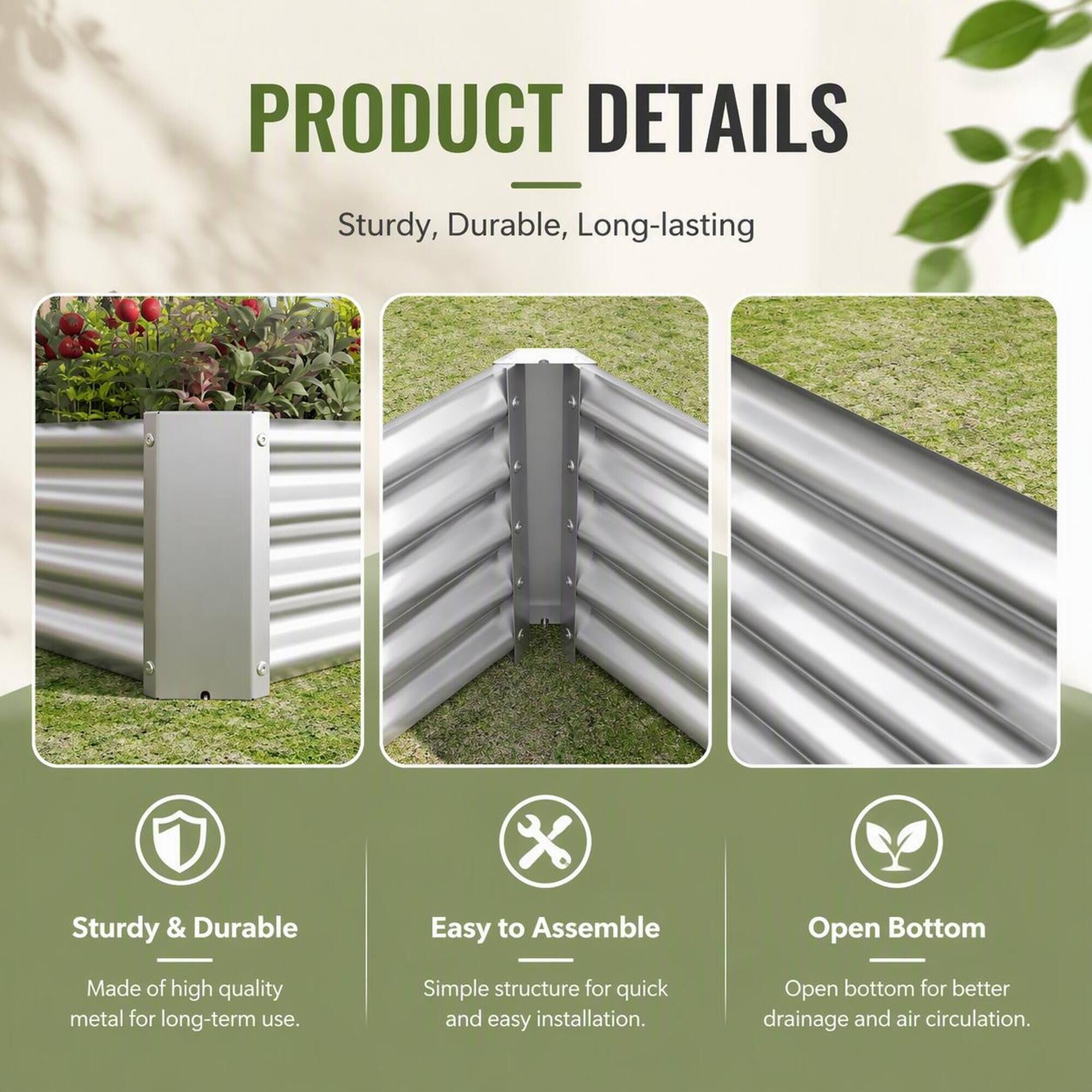 PRODUCT DETAILS  
Sturdy, Durable, Long-lasting  

Sturdy & Durable -  
Made of high quality metal for long-term use.  

Easy to Assemble -  
Simple structure for quick and easy installation.  

Open Bottom -  
Open bottom for better drainage and air circulation.