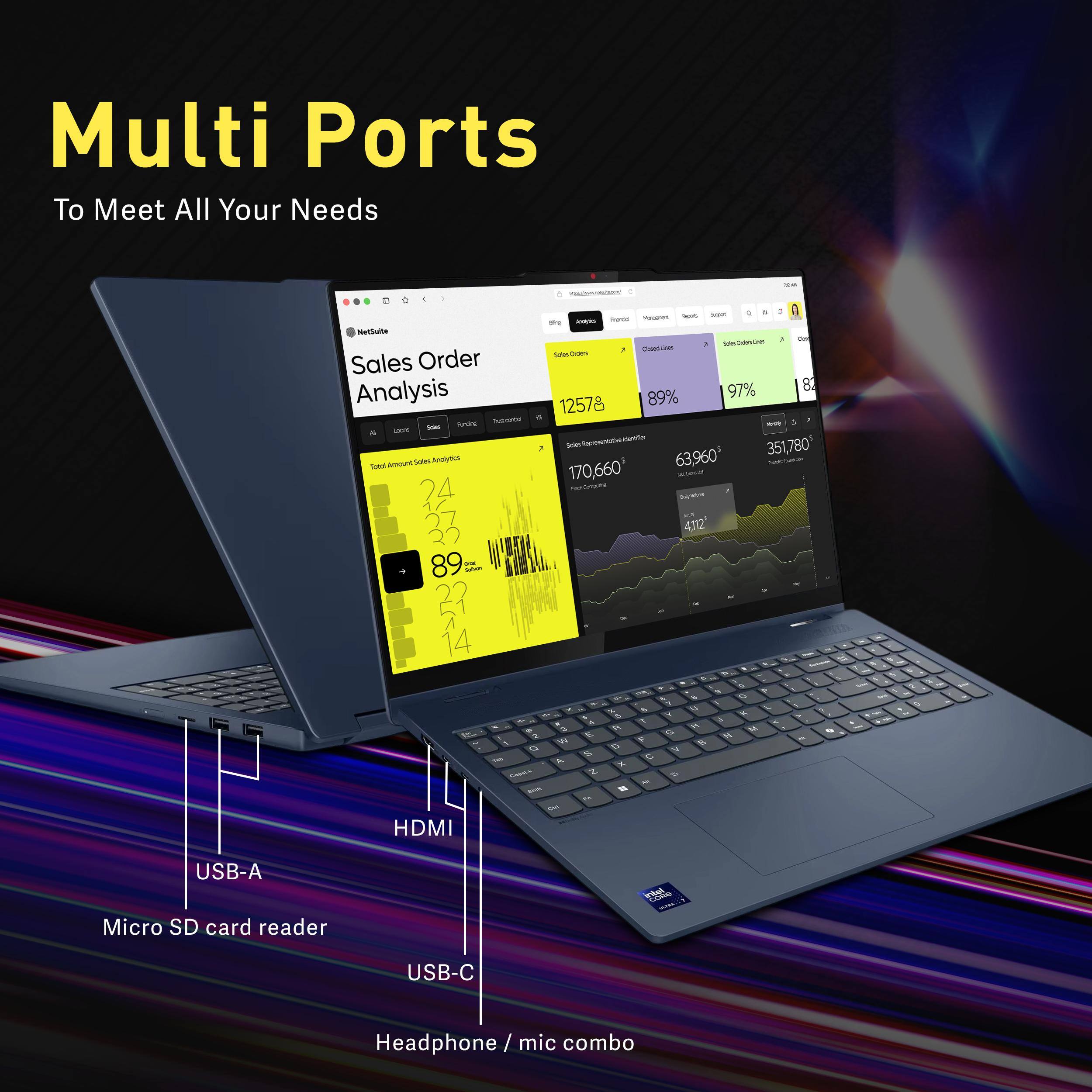 Multi Ports To Meet All Your Needs

Sales Order Analysis

- Total Amount Sales Analysis
  - 24
  - 33
  - 89
  - 27
  - 14
  - 89%
  - 12578
  - 89%
  - 97%
  - 82%
  - 170,660
  - 63,960
  - 351,780
  - 4312

- HDMI
- USB-A
- Micro SD card reader
- USB-C
- Headphone / mic combo