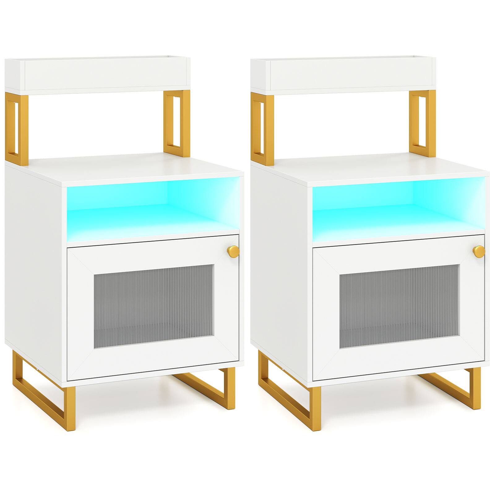 Alt View 9. Costway - Costway 2 Pcs Nightstand with LED Lights, Modern End Table with Top Tray, Open Compartment - White.