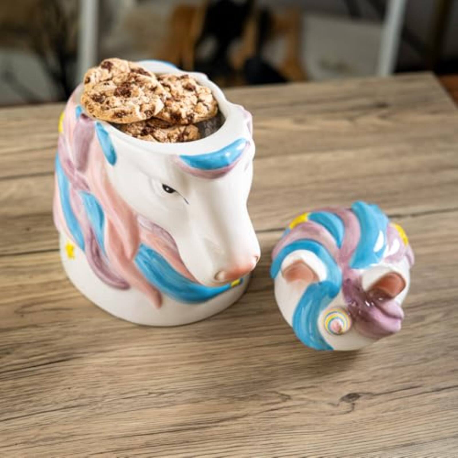 Back. Pacific Trading - Magical Unicorn Ceramic Cookie Jar, White with Pink and Blue Mane, Yellow Stars, Decorative Kitchen Storage Container - White.