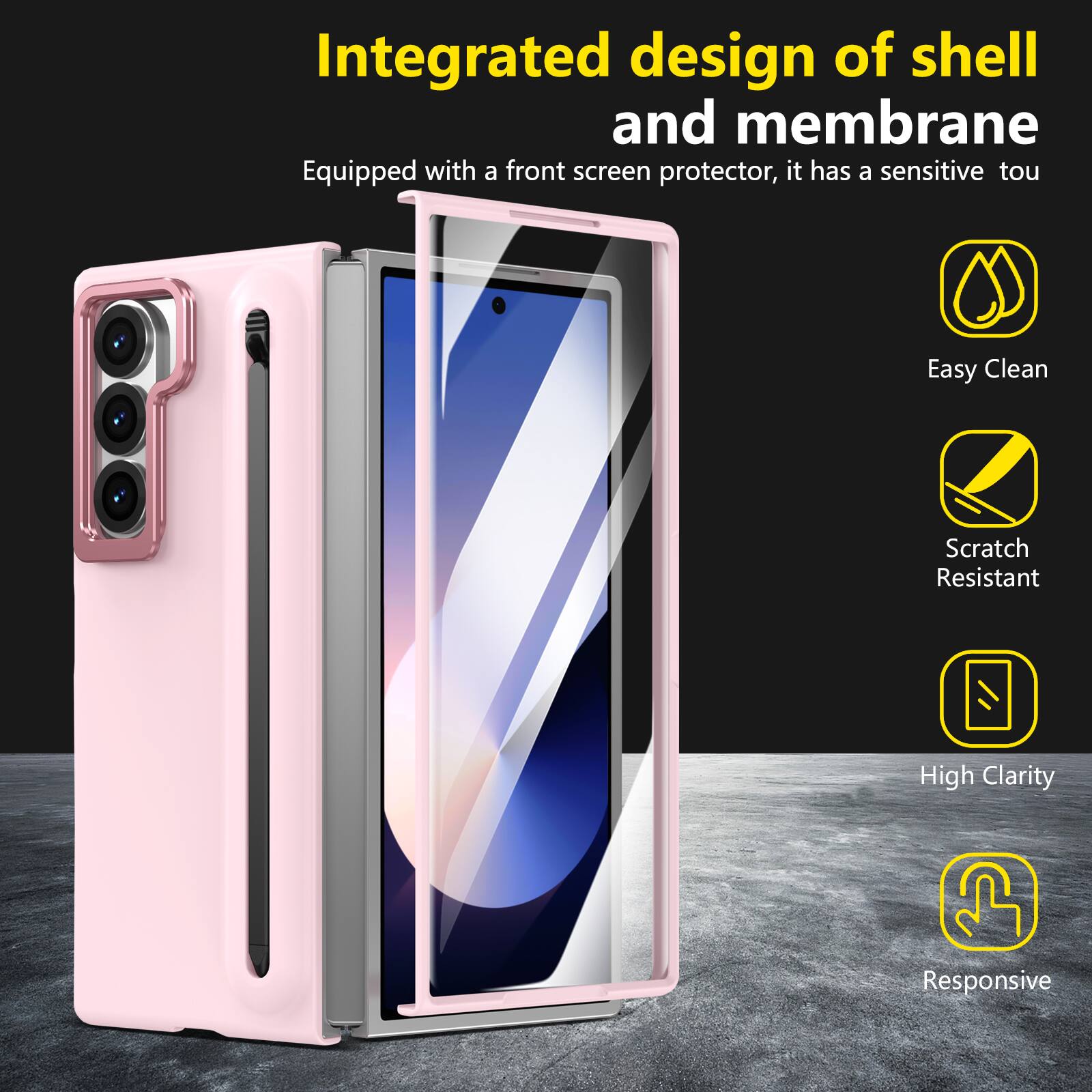 Integrated design of shell and membrane  
Equipped with a front screen protector, it has a sensitive touch  
Easy Clean  
Scratch Resistant  
High Clarity  
Responsive