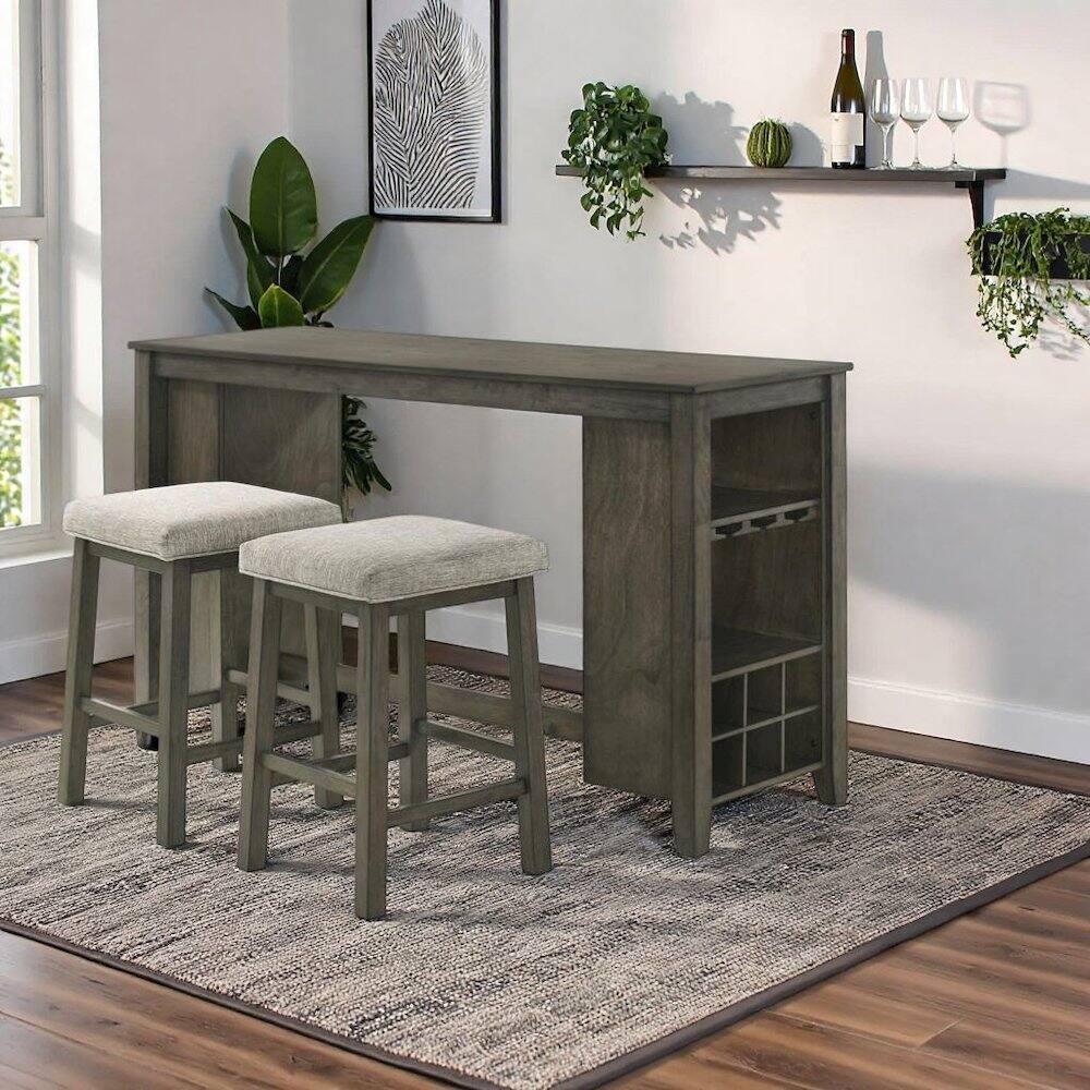Angle. FurniFact - Bar Table with Stools – Small Kitchen Table for 2 in Solid Wood Finish - Brown.