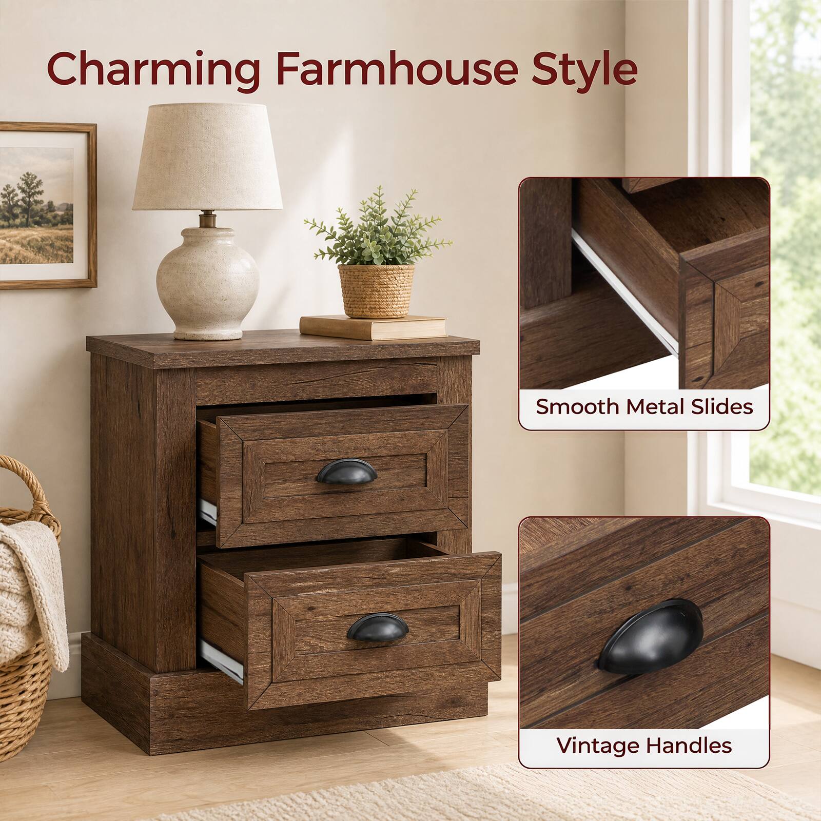 Charming Farmhouse Style

Smooth Metal Slides

Vintage Handles
