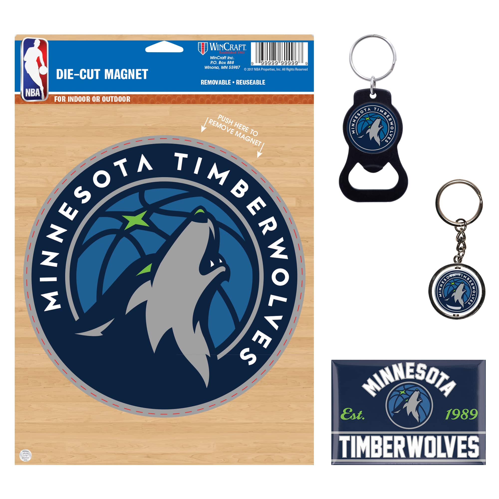 WINCRAFT  
NBA  
DIE-CUT MAGNET  
FOR INDOOR OR OUTDOOR  
REMOVABLE - REUSABLE  
PUSH HERE TO REMOVE MAGNET  

MINNESOTA TIMBERWOLVES  

MINNESOTA  
Est. 1989  
TIMBERWOLVES  

WINCRAFT Inc.  
Winnona, MN 55127  
©2017 NBA Properties, Inc. All Rights Reserved.
