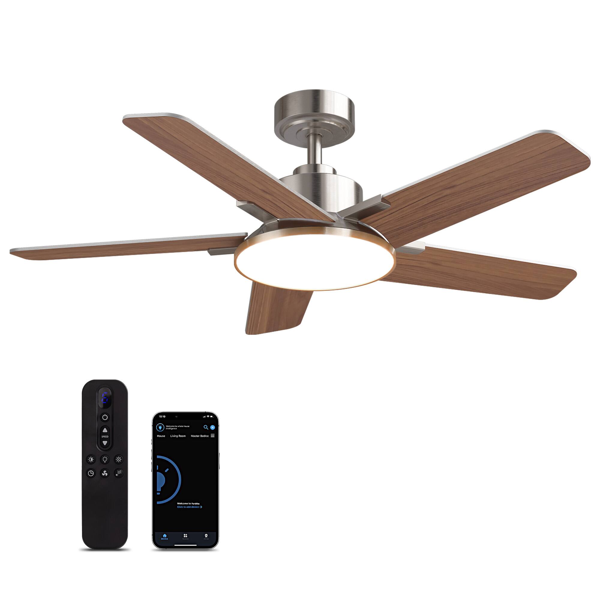 Angle. Siljoy - 44-in Nickel Ceiling Fan with LED Light and Remote Control Include (5 Blades) For Bedroom Living Room and kitchen - Nickel.