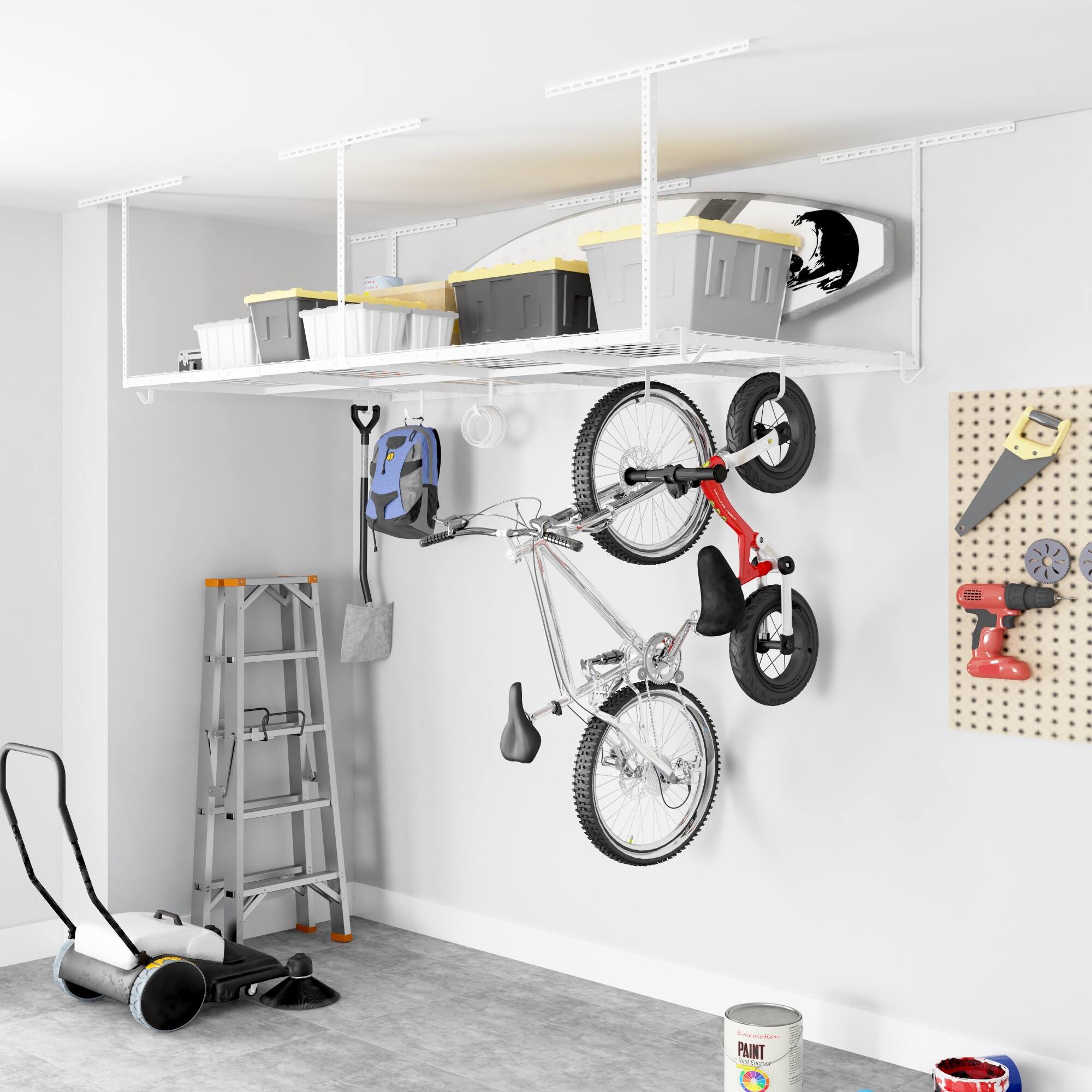 Alt View 6. Fleximounts - OHK Series 48 in. W x 96 in. D x 22-40 in. H Black Ceiling Mounted Overhead Garage Storage Rack with Accessory Hooks - White.