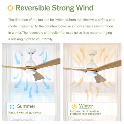 Reversible Strong Wind

The direction of the fan can be switched, from the clockwise airflow cool mode in summer, to the counterclockwise airflow energy saving mode in winter. The reversible chandelier fan uses noise-free motor, bringing a relaxing night to your family.

Summer: Forward wind brings you cool
Winter: Increase air circulation promote heat circulation