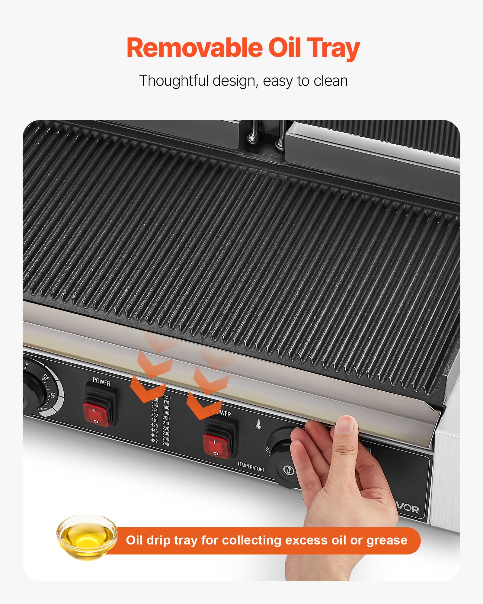 Removable Oil Tray  
Thoughtful design, easy to clean

$18

POWER 1  
() $ 356 170 374 180 392 190 410 200 428 210 446 220 454 230 482 240 250

POWER I  
TEMPERATURE

Oil drip tray for collecting excess oil or grease