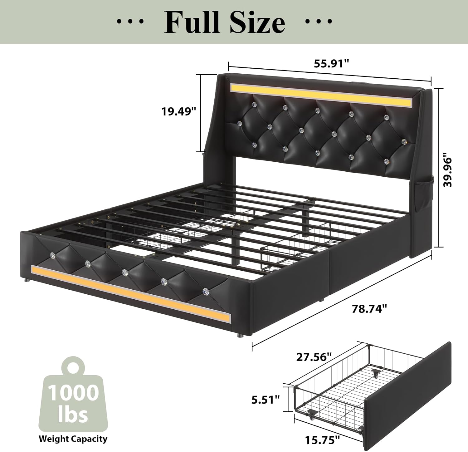 ... Full Size ...

55.91" 19.49" 39.96" 78.74" 27.56" 5.51" 15.75"

1000 lbs Weight Capacity