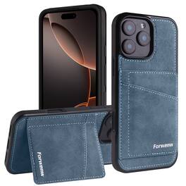 Dteck - RFID Blocking Back Wallet Case for iPhone 16 Pro Max, Shockproof PU Leather Kickstand Rugged Cover - Blue