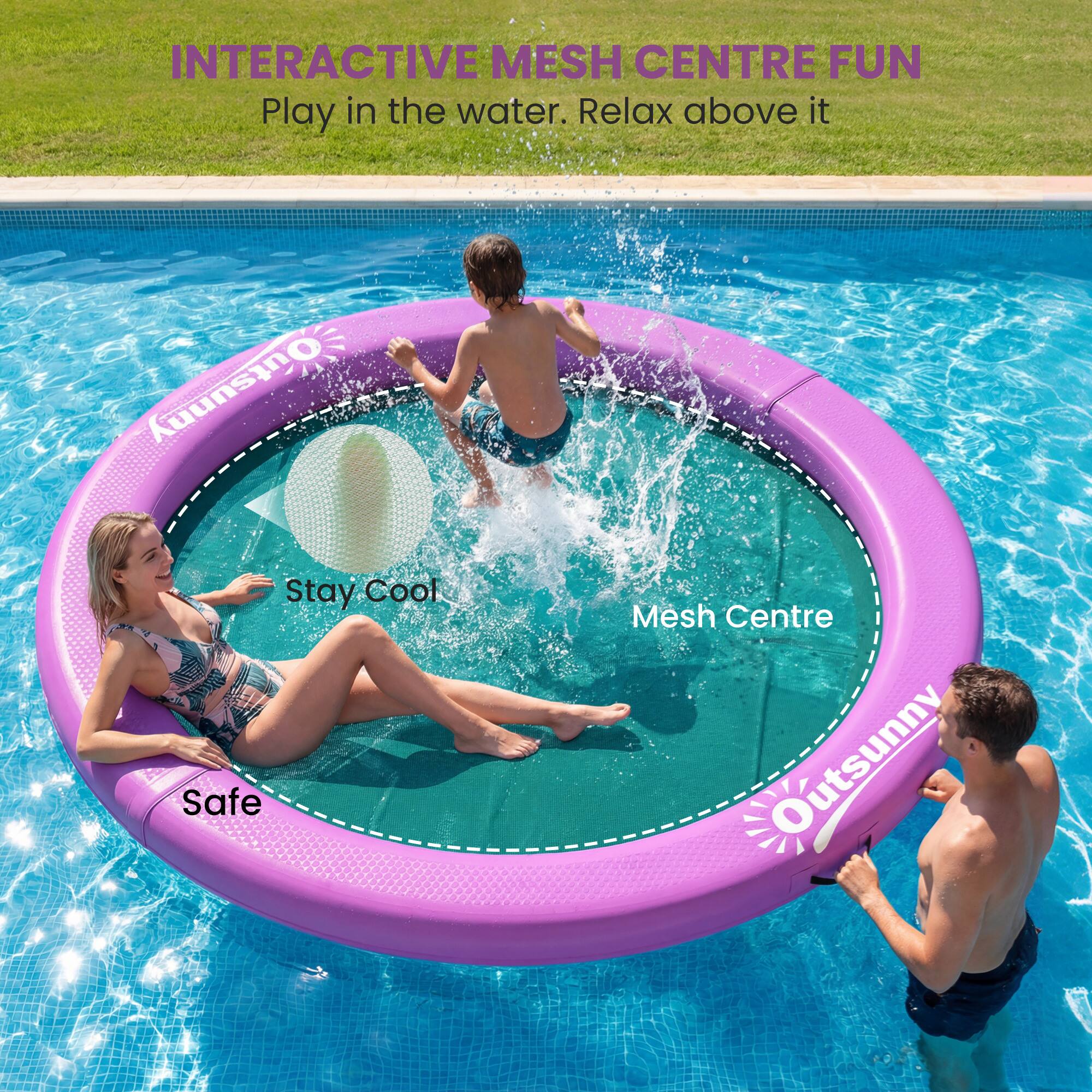 INTERACTIVE MESH CENTRE FUN  
Play in the water. Relax above it  

Stay Cool  
Safe  
Mesh Centre  
Outsunny