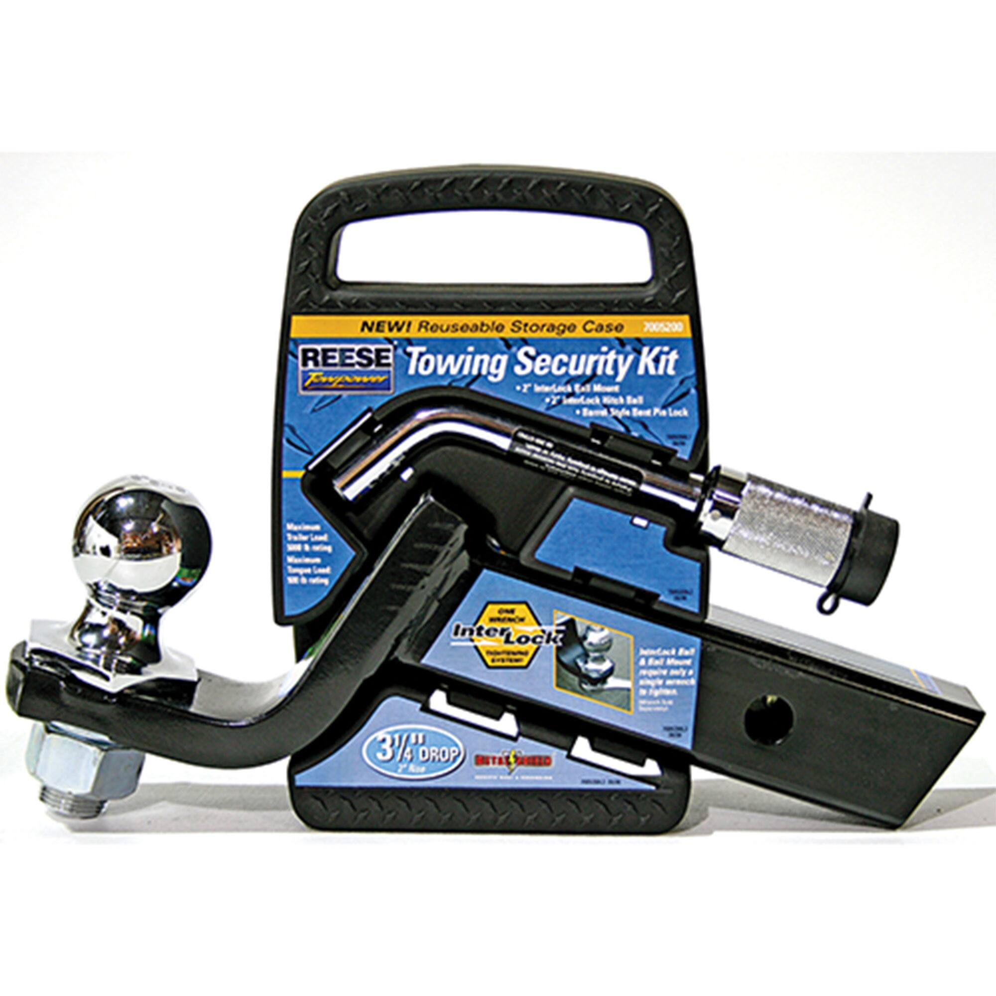 NEW! Reusable Storage Case  
REESE Towing Security Kit  
- 2" Interlock Ed Mount  
- 3" Interlock Ed Mount  
- 31/4" Drop  
- 2" Ball Mount  
- InterLock  
- 31/4" Drop  
- 2" Ball Mount