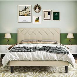 Vecelo - Full Size Upholstered Bed With Adjustable Headboard And Underbed Storage - Metal Platform Bed,Quiet Design - Beige