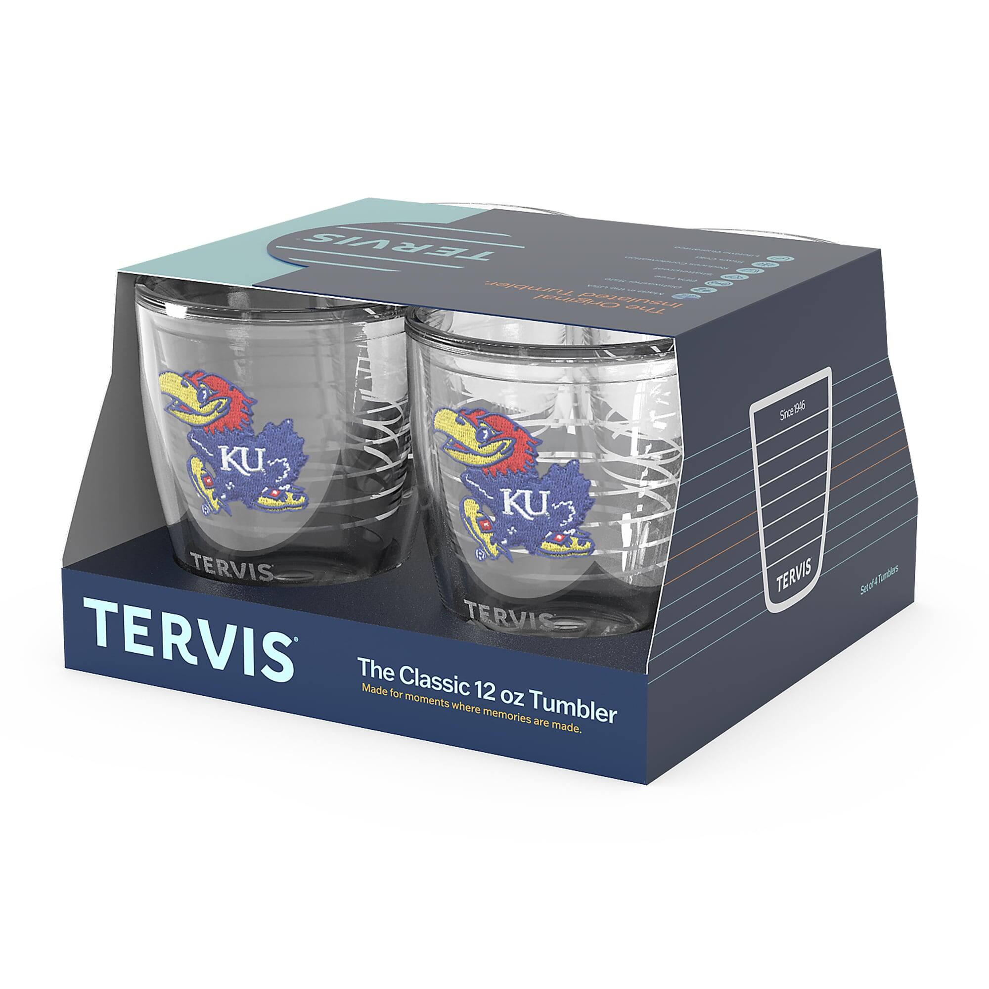 TERVIS  
The Classic 12 oz Tumbler  
Made for moments where memories are made.  

KU  
TERVIS  
TERVIS  
TERVIS  

Size 8.5 oz  
Set of 2 Tumblers