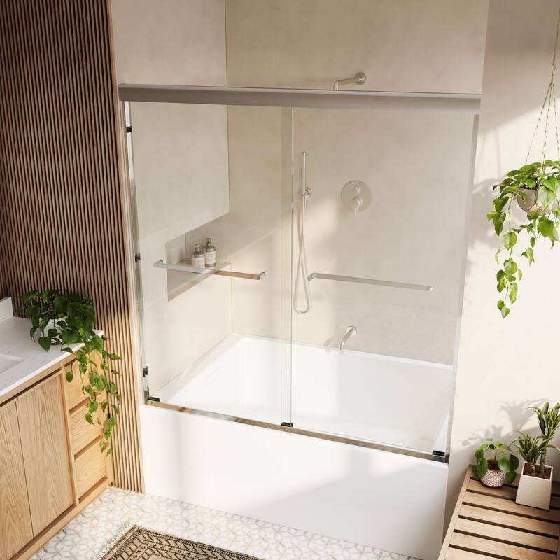 Left. WELLFOR - 56-60 in W x 60 in H Framed Shower Door with Double Sliding & Stainless Steel Towel Bar Handle, 1/4" Tempered Glass - Chrome.