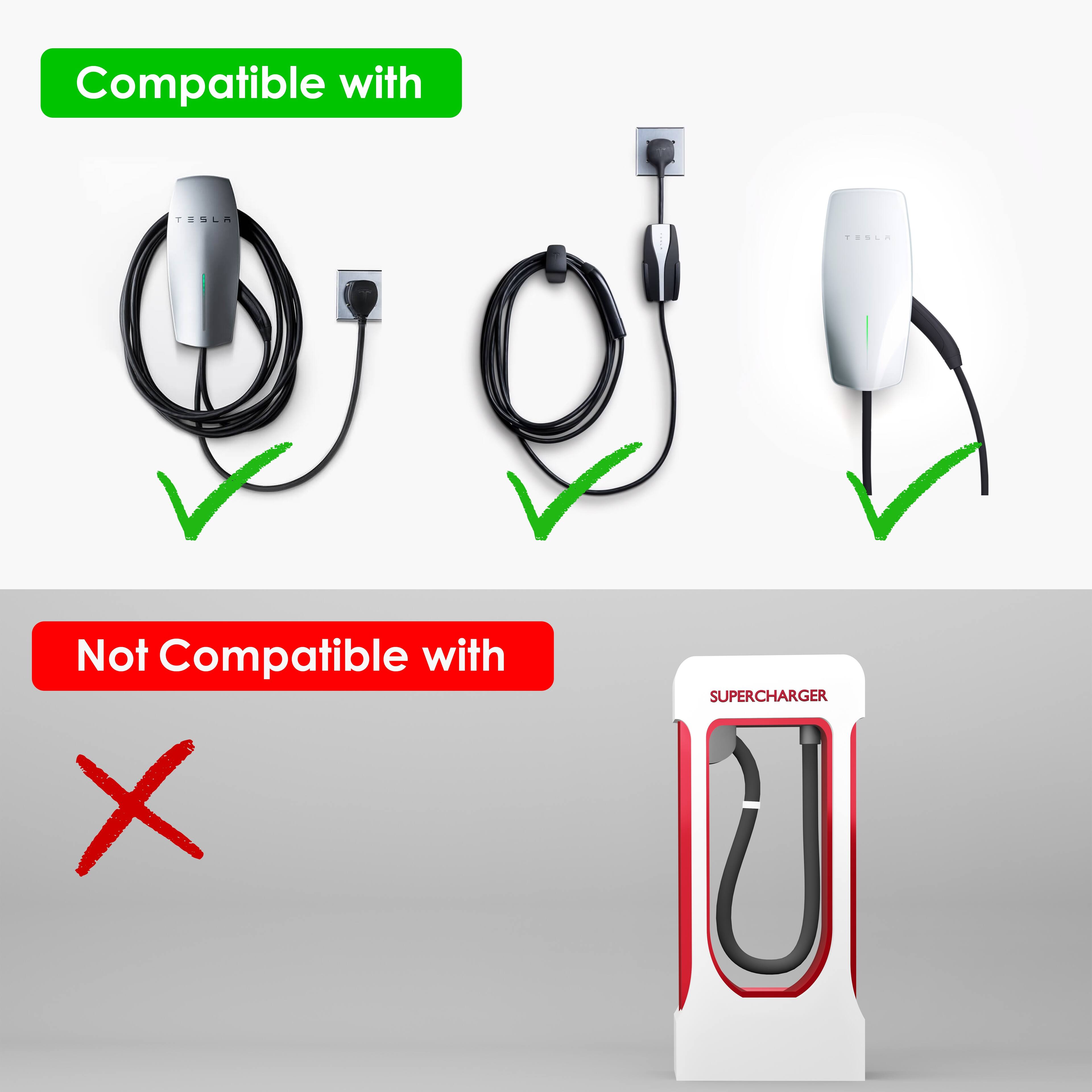 Compatible with:
- Tesla Wall Connector
- Tesla Mobile Connector
- Tesla Wall Connector (white)

Not Compatible with:
- Supercharger