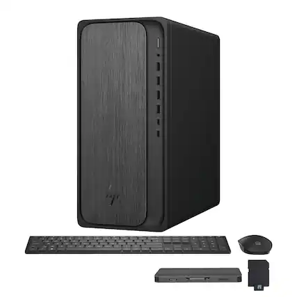 Front. HP - HP OmniDesk Desktop,AMD Ryzen 7 8700G,AMD Radeon 780M,32GB RAM,2TB SSD+1TB Dock Set,Keyboard&Mouse,Win 11,Black - Black.