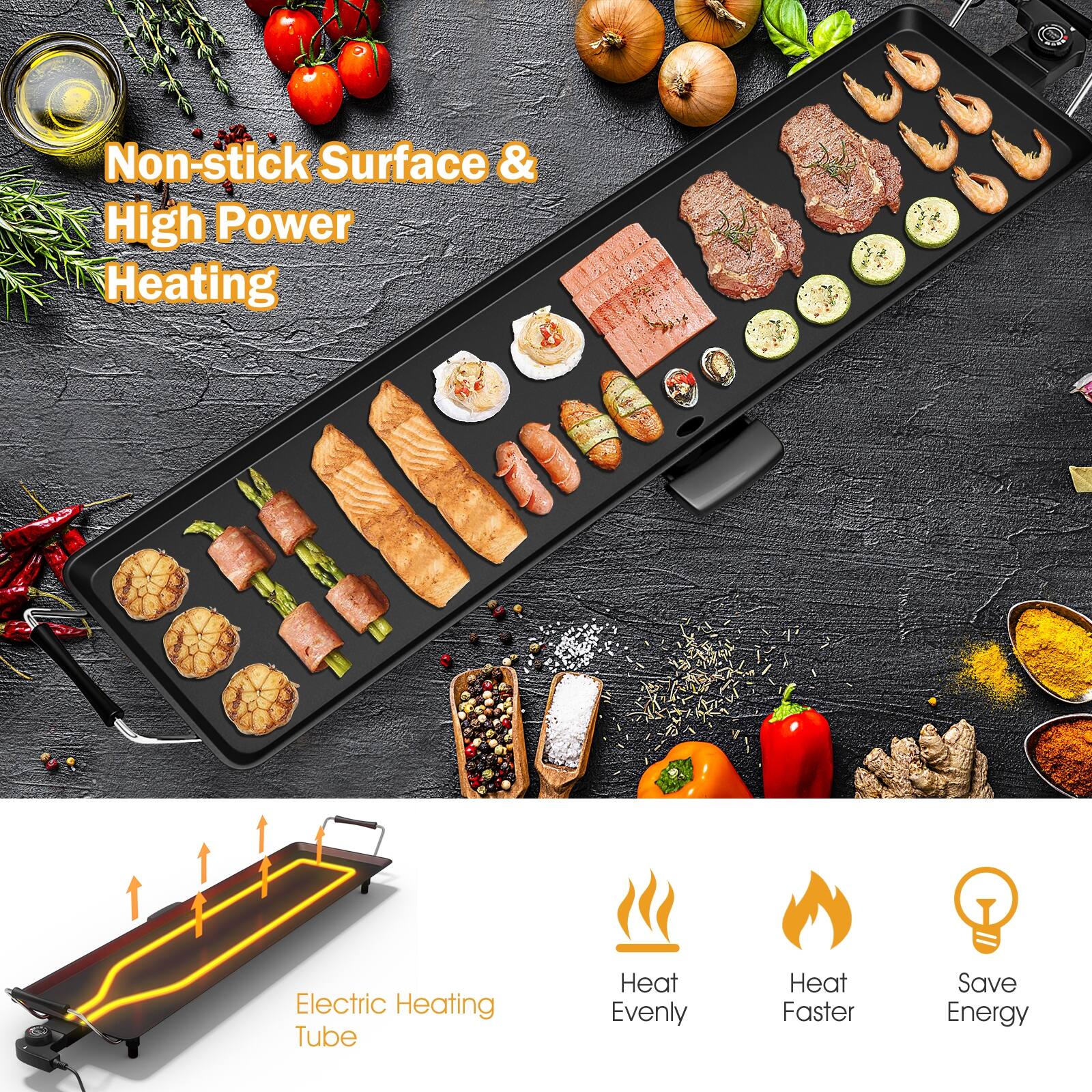 Non-stick Surface & High Power Heating  
Electric Heating Tube  
Heat Evenly  
Heat Faster  
Save Energy
