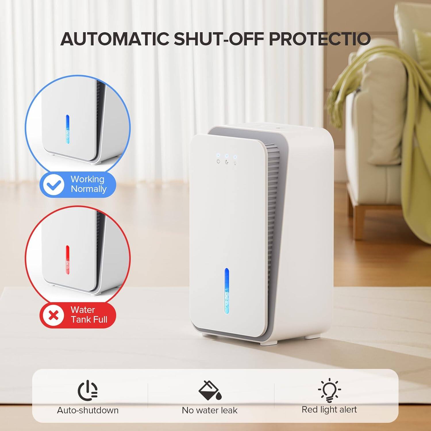 AUTOMATIC SHUT-OFF PROTECTIO Working Normally Water Tank Full Auto-shutdown No water leak Red light alert