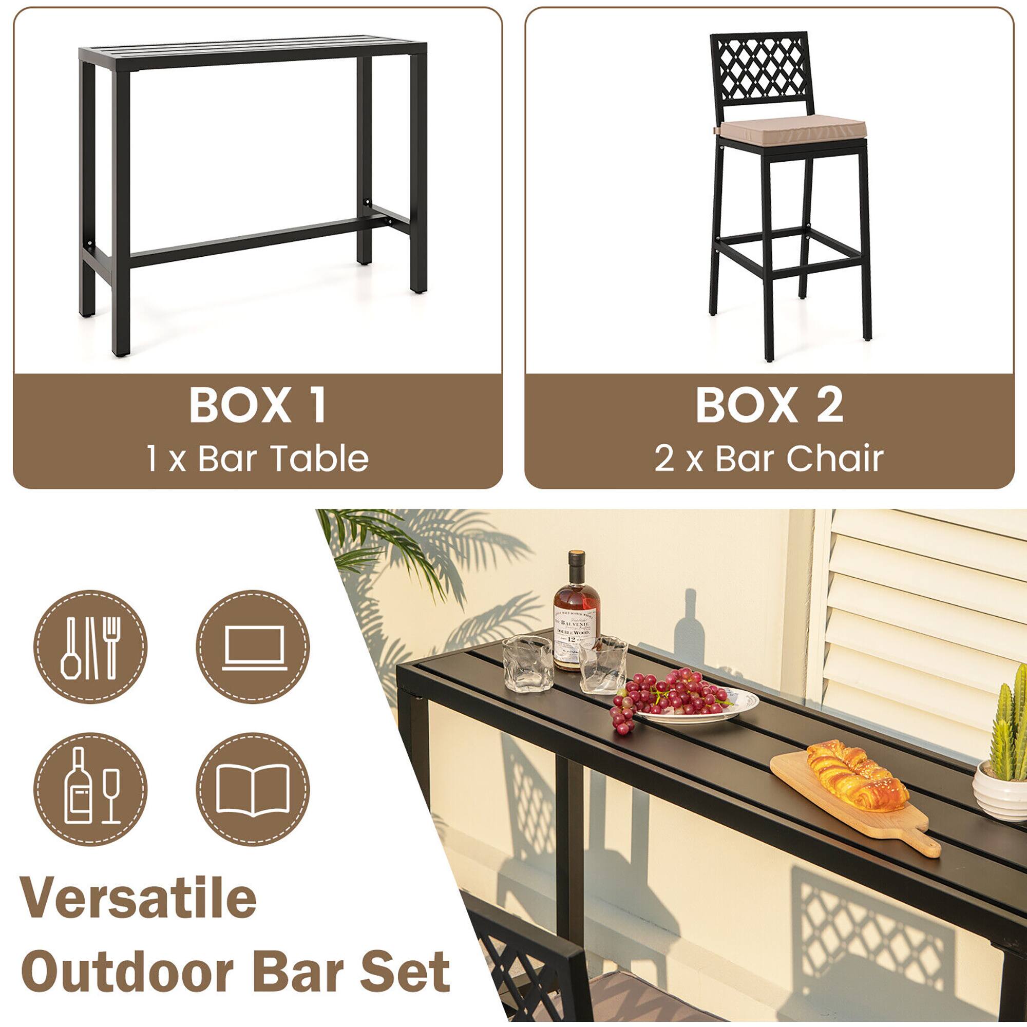 BOX 1: 1 x Bar Table
BOX 2: 2 x Bar Chair
Versatile Outdoor Bar Set