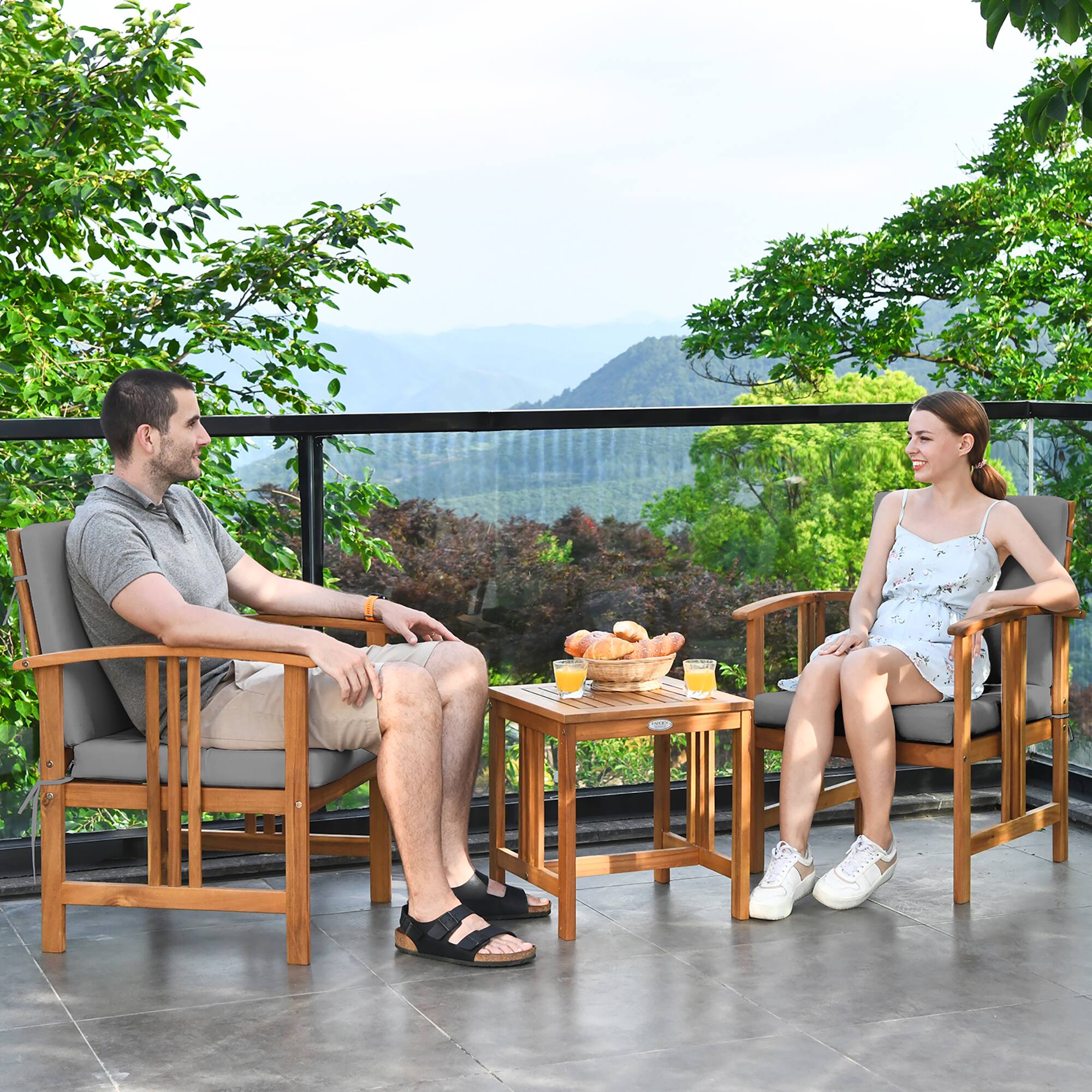 Alt View 3. Costway - Costway 3PCS  Solid Wood  Patio  Furniture Set Table&Chairs Grey Cushion - Grey,Natural.