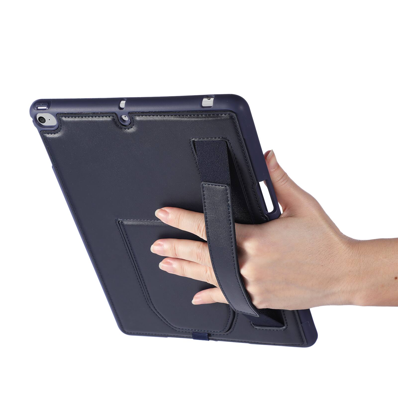 Back. Dteck - Shockproof Case for Apple iPad (6th Generation) 9.7" 2018 with Hand Strap and Kickstand, PU Leather TPU Protective Cover - Blue.