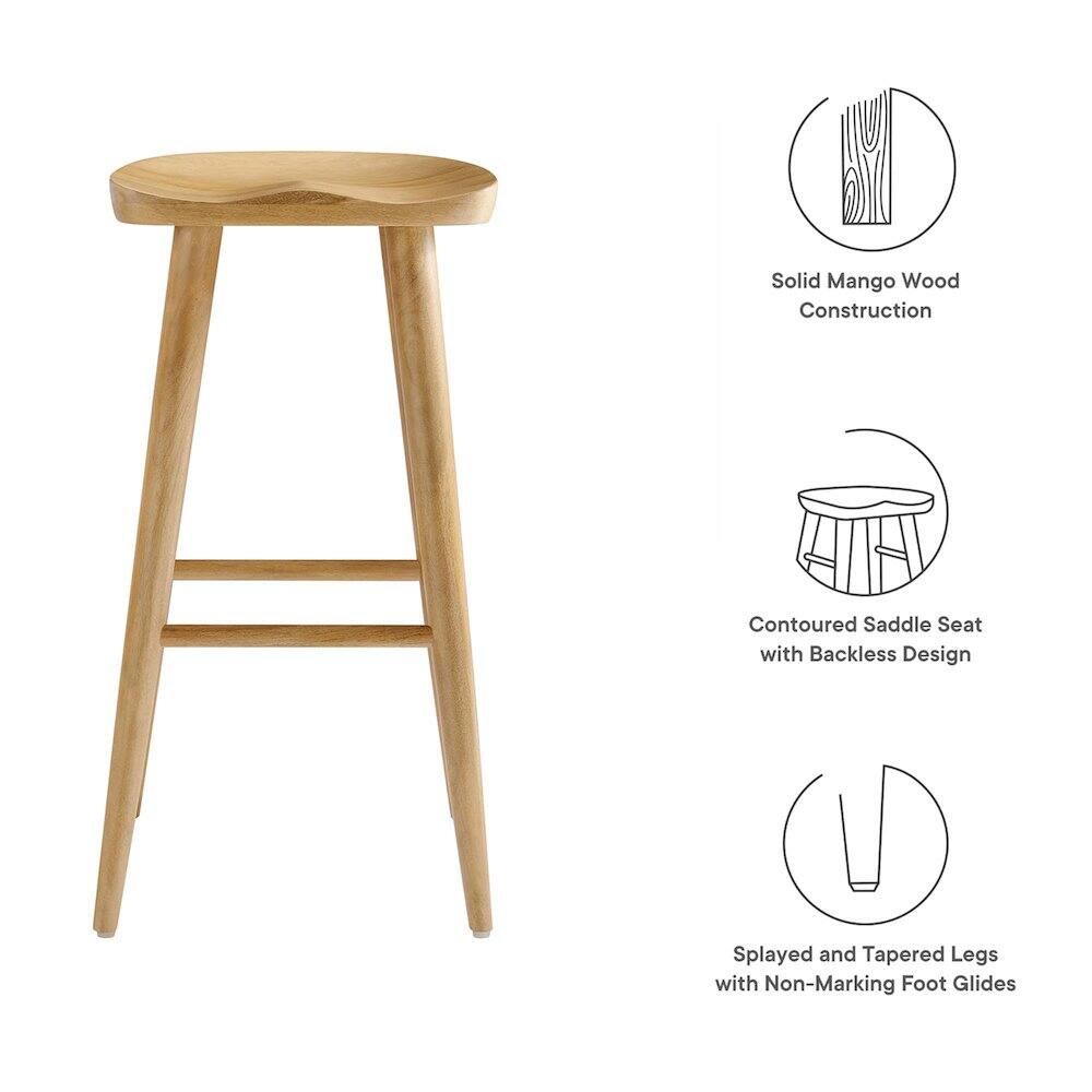 Solid Mango Wood Construction  
Contoured Saddle Seat with Backless Design  
Splayed and Tapered Legs with Non-Marking Foot Glides