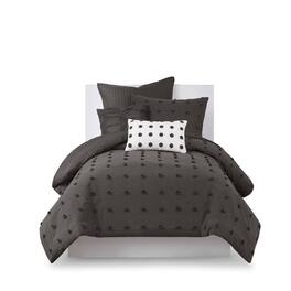 Gracie Mills - Mikel Chenille Dot Cotton Jacquard Comforter Set with Euro Shams and Throw Pillows - Charcoal