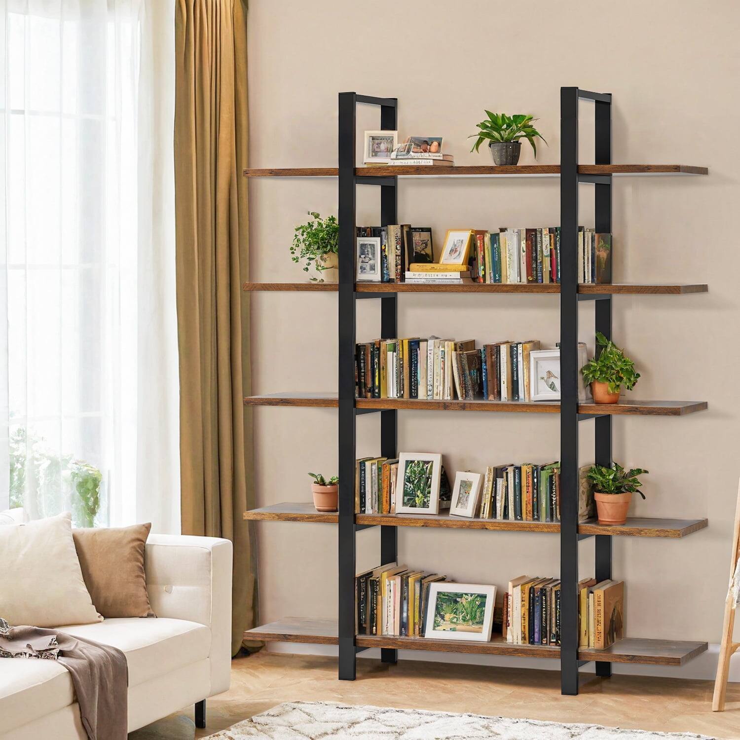 Angle. Kadyn - Kadyn Bookcase, Open Etagere Storage Display Bookshelf,4-Tier Leaning Free Standing Ladder Shelf 5-Tier - Retro Brown.