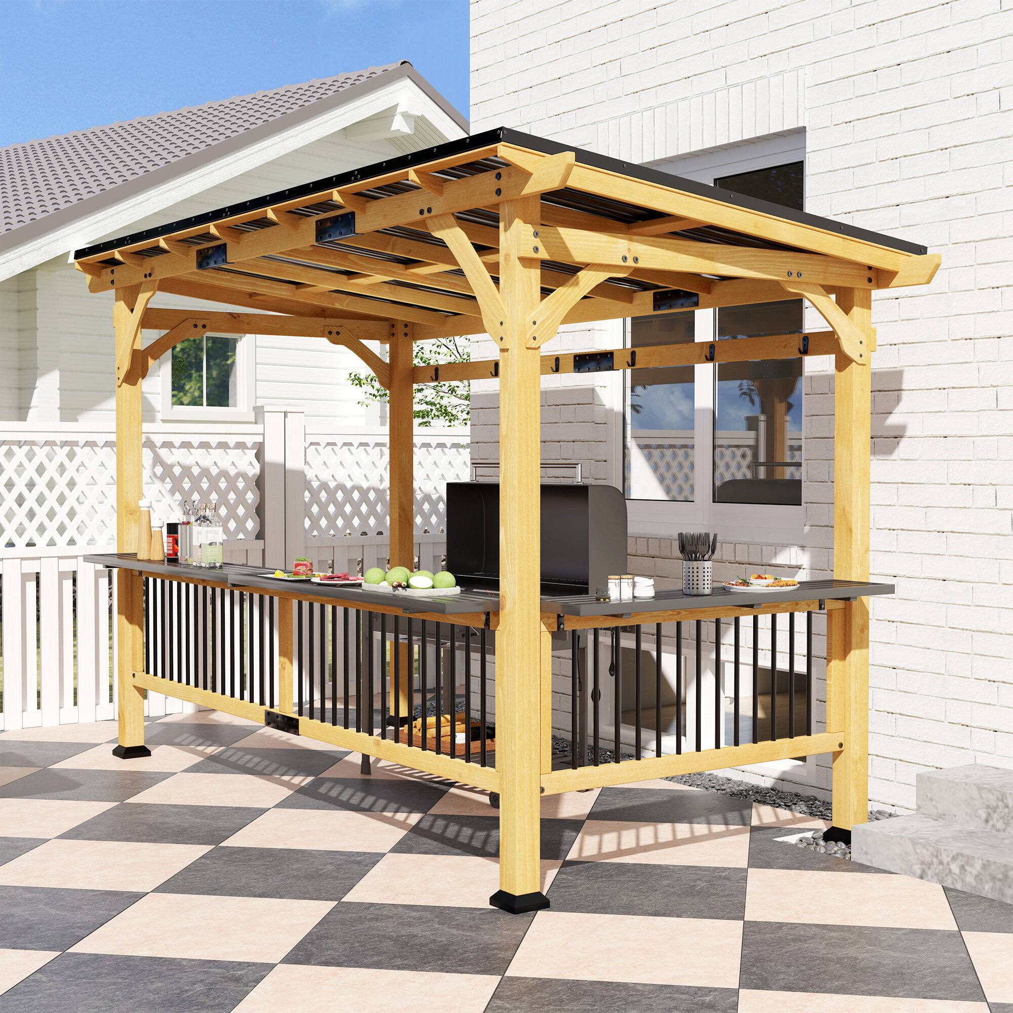 Alt View 7. Outsunny - 13' x 6' Wooden BBQ Grill Gazebo, Hardtop Grill Gazebo with Metal Roof, 2 Bar Shelves and 6 Hooks - Natural Wood.