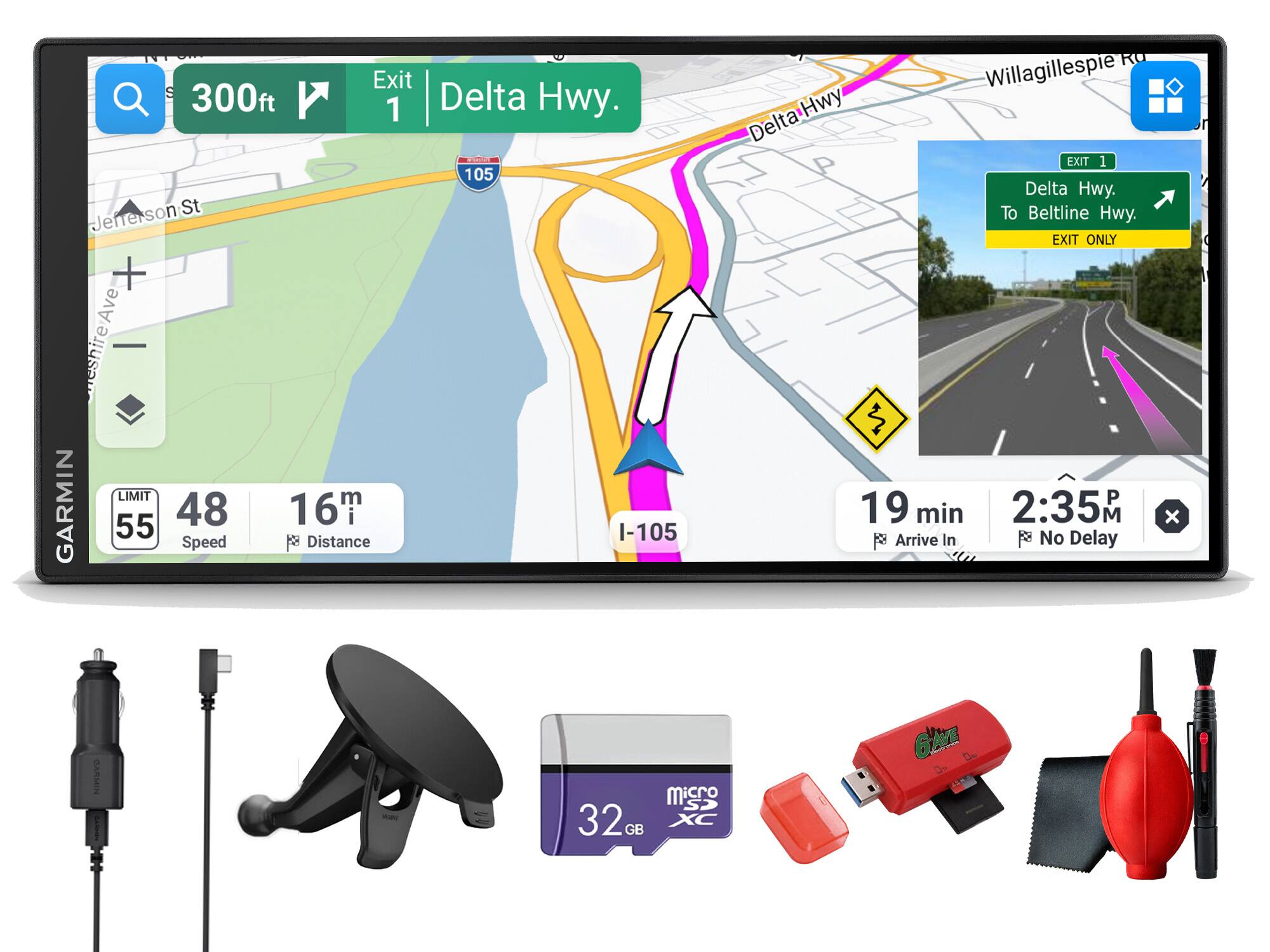 Exit 300ft 1 Delta Hwy. 105 Jefferson St Ave eshire Ave LIMIT GARMIN 55 48 Speed 16m Distance I-105 Rd Willagillespie Hwy Delta EXIT 1 Delta Hwy. To Beltline Hwy. EXIT ONLY $ P 19 min 2:35 M x Arrive In No Delay

GARMIN
MORO
micro CS 32GE GB XC
6AVE