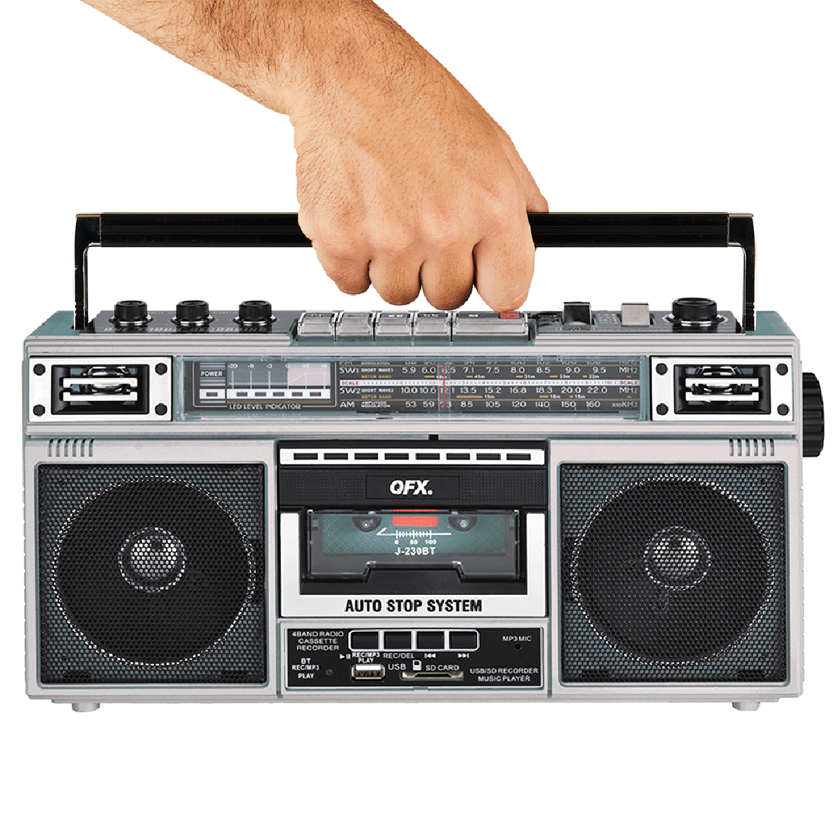 The text on the image reads: "OFX Auto Stop System Cassette Recorder Play Recorder".