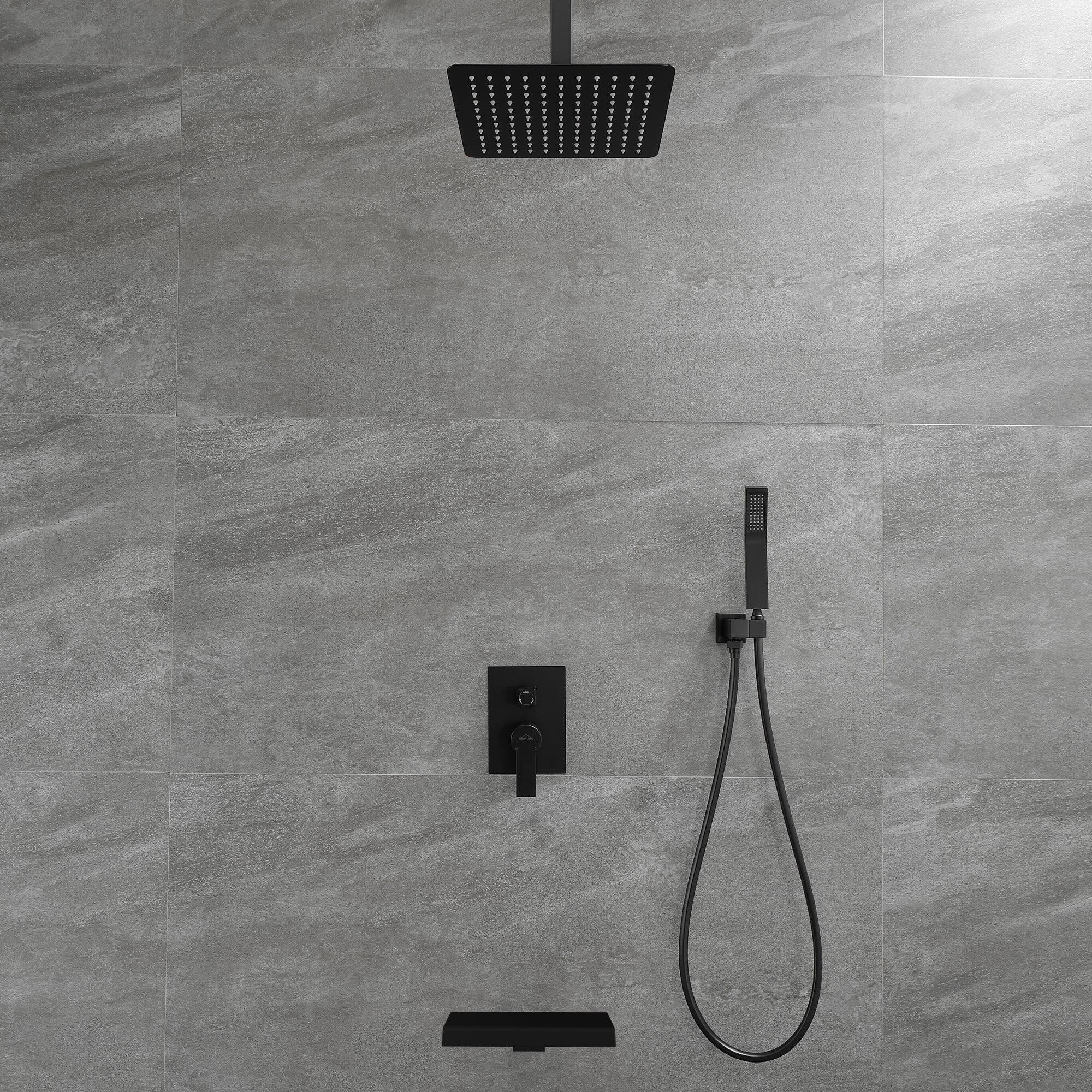 Left. Boyel Living - Ceiling Mount Single-Handle 1-Spray Tub and Shower Faucet in Matte Black - 10 Inch (Valve Included) - Matte Black.