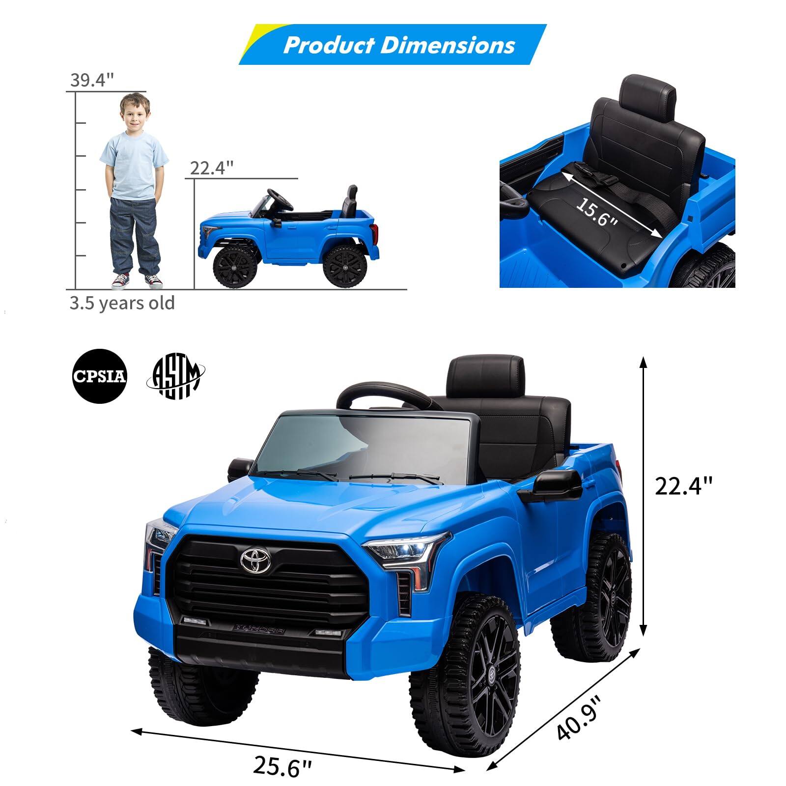 Product Dimensions

- Length: 40.9"
- Width: 22.4"
- Height: 25.6"
- Seat Height: 15.6"
- Child Reference: 39.4" (3.5 years old)

CPSIA