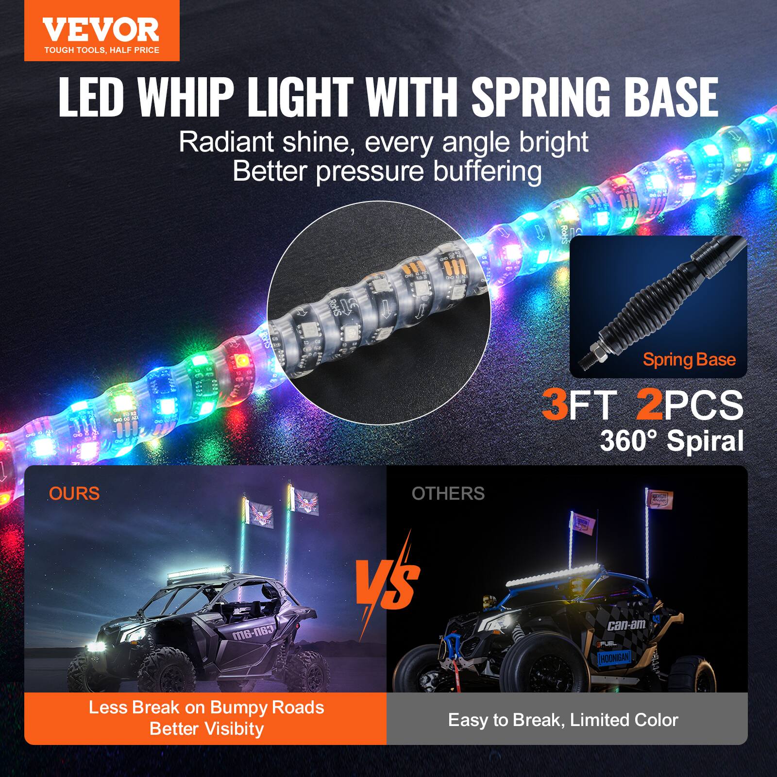 VEVOR  
TOUGH TOOLS, HALF PRICE  

LED WHIP LIGHT WITH SPRING BASE  
Radiant shine, every angle bright  
Better pressure buffering  

3FT 2PCS  
360° Spiral  

OUR VS OTHERS  

OUR  
Less Break on Bumpy Road  
Better Visibility  

OTHERS  
Easy to Break, Limited Color  

Spring Base