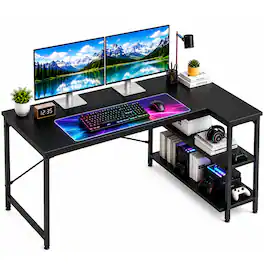 Sweet - 39" L Shaped Office Desk, Reversible Computer Desk with Shelves for Gaming, Corner Work, Home Office - Black