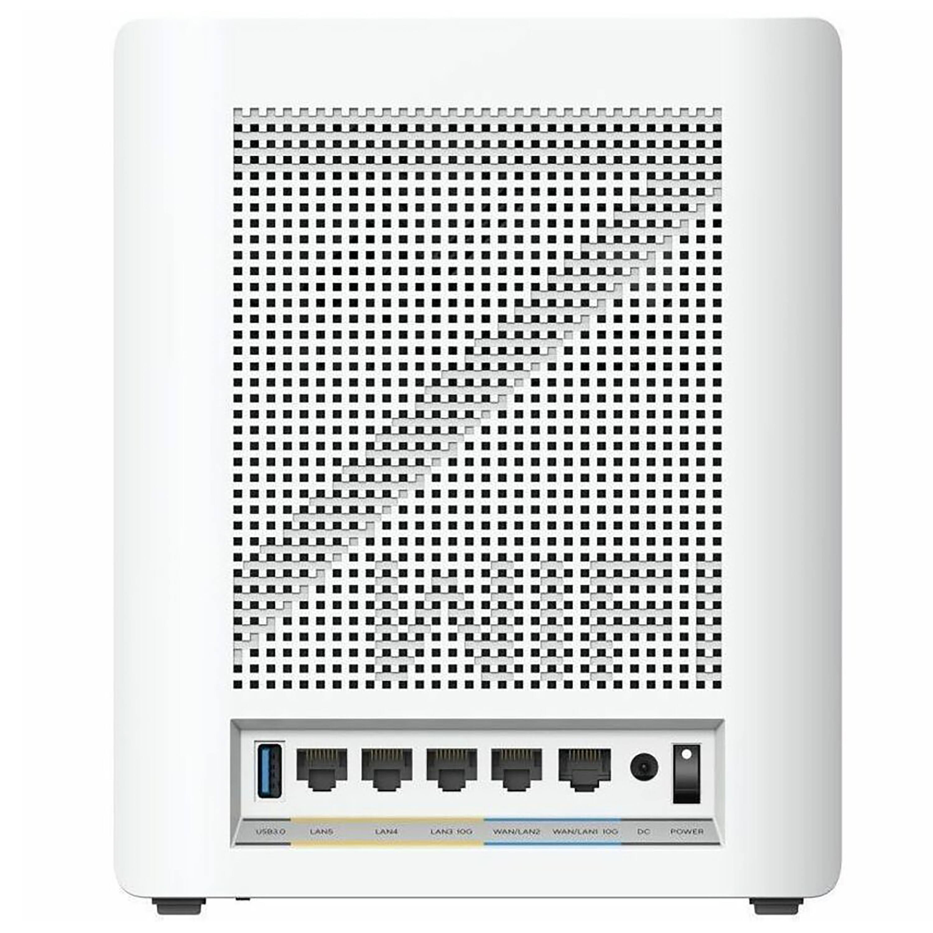 The text on the image reads "USBIO LANS LANE CAND 100 WAN/LAND BAW ROO DC POWER." This text is likely describing the features and capabilities of the white router. The router is likely equipped with USB, LAN, and WAN/LANE capabilities, as well as support for DC power.