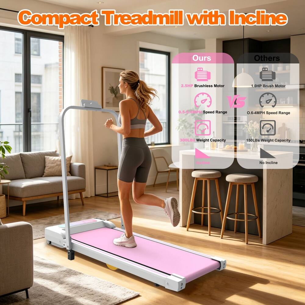 Compact Treadmill with Incline

Ours:
- 2.5HP Brushless Motor
- 0.5-5.0MPH Speed Range
- 300LBS Weight Capacity

Others:
- 1.0HP Brush Motor
- 0.6-4MPH Speed Range
- 150LBS Weight Capacity
- No Incline