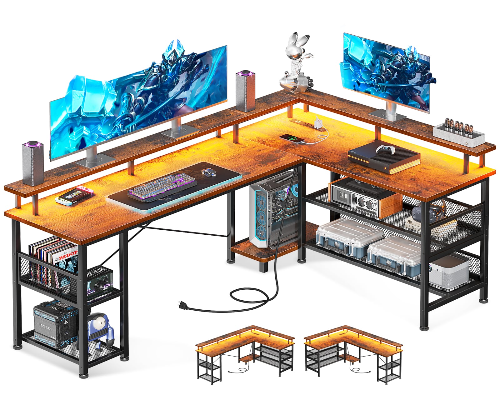 AODK - 59" Reversible L-Shaped Gaming Desk with LED Strip Lights, Power Outlets and Steel Storage Shelves - Brown