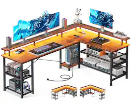 AODK - 59" Reversible L-Shaped Gaming Desk with LED Strip Lights, Power Outlets and Steel Storage Shelves - Brown