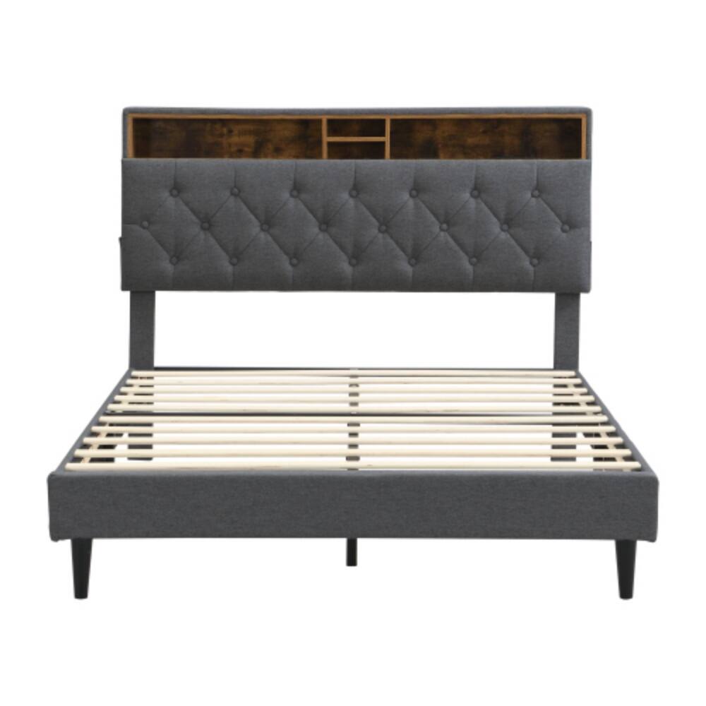 Left. LUCKY ONE - Queen Size Platform Bed Frame with USB Outlet and Storage Compartments, Heavy Duty Metal Slats, No Box Spring Needed - Black+Brown+Grey.