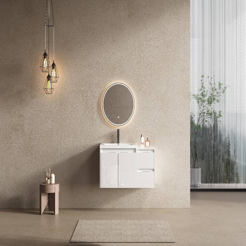 Angle. Loheer - Loheer 36 inch bathroom vanity with sink, floating bathroom vanity with side cabinet, glossy white plywood - Glossy White.