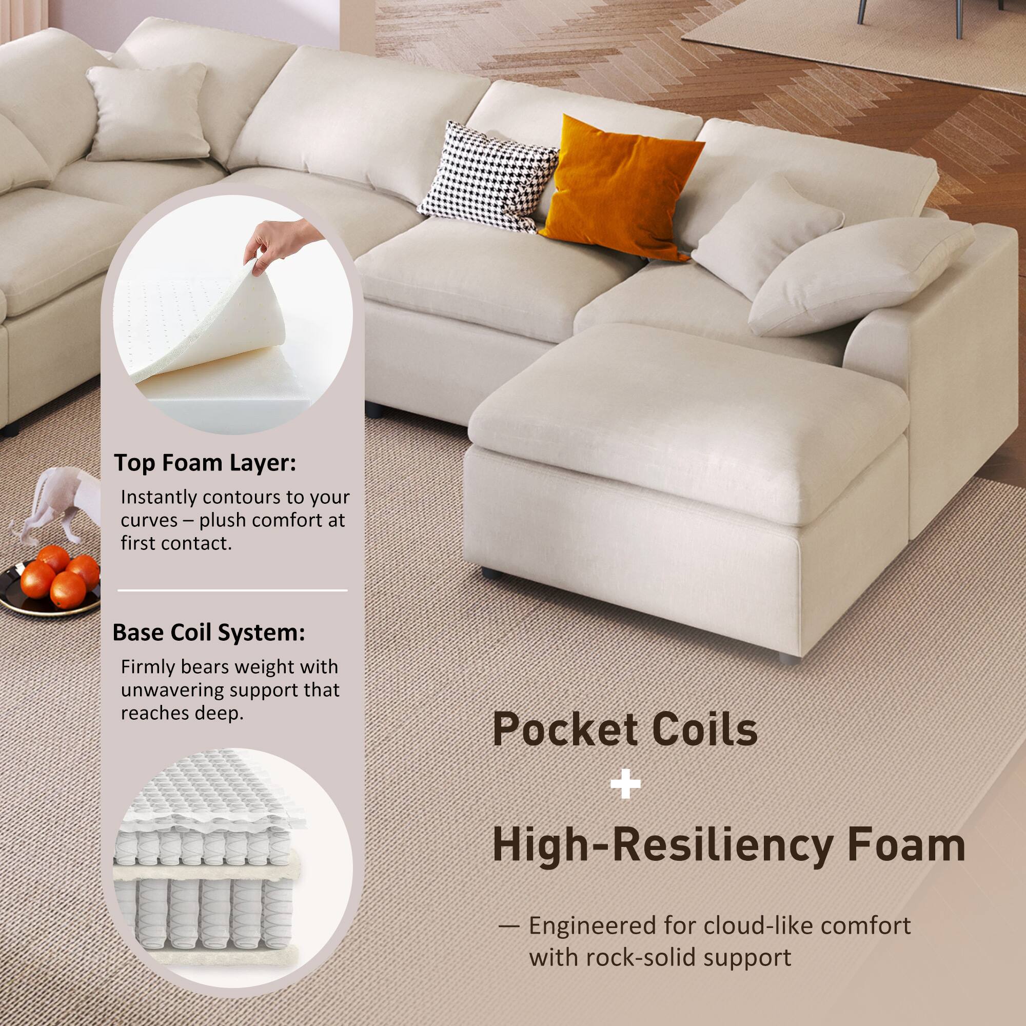Top Foam Layer: Instantly contours to your curves – plush comfort at first contact.  
Base Coil System: Firmly bears weight with unwavering support that reaches deep.  
Pocket Coils + High-Resiliency Foam  
Engineered for cloud-like comfort with rock-solid support